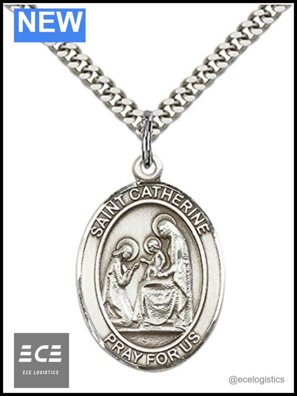 925 Sterling Silver St Catherine of Siena Pendant Necklace Curb Chain 24"
